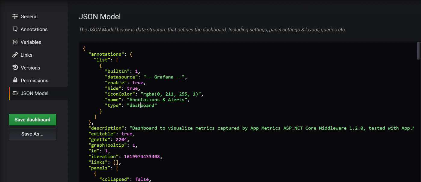 Configurações do dashboard - JSON Model